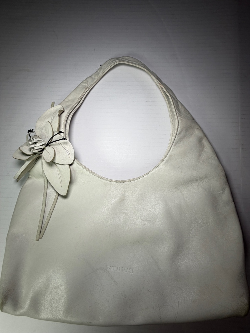 Paolo Masi White Leather Shoulder Bag with Floral Accent